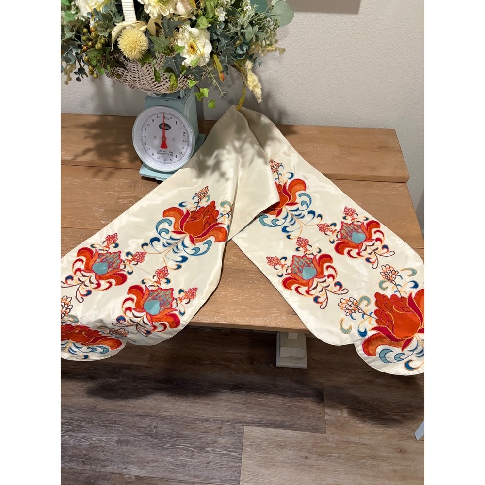 Embroidered Applique Lotus Flower Table Runner~Rust & Blue on Ivory~69"L~ Boho